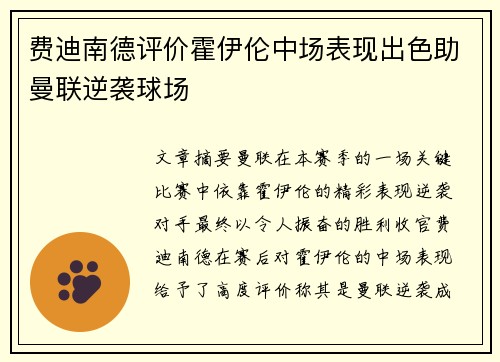 费迪南德评价霍伊伦中场表现出色助曼联逆袭球场 费迪南德评价霍伊伦中场表现出色助曼联逆袭球场