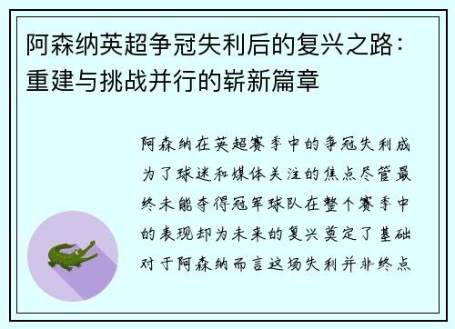 阿森纳英超争冠失利后的复兴之路：重建与挑战并行的崭新篇章