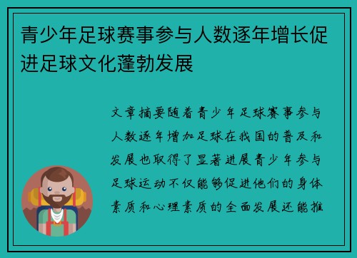 青少年足球赛事参与人数逐年增长促进足球文化蓬勃发展